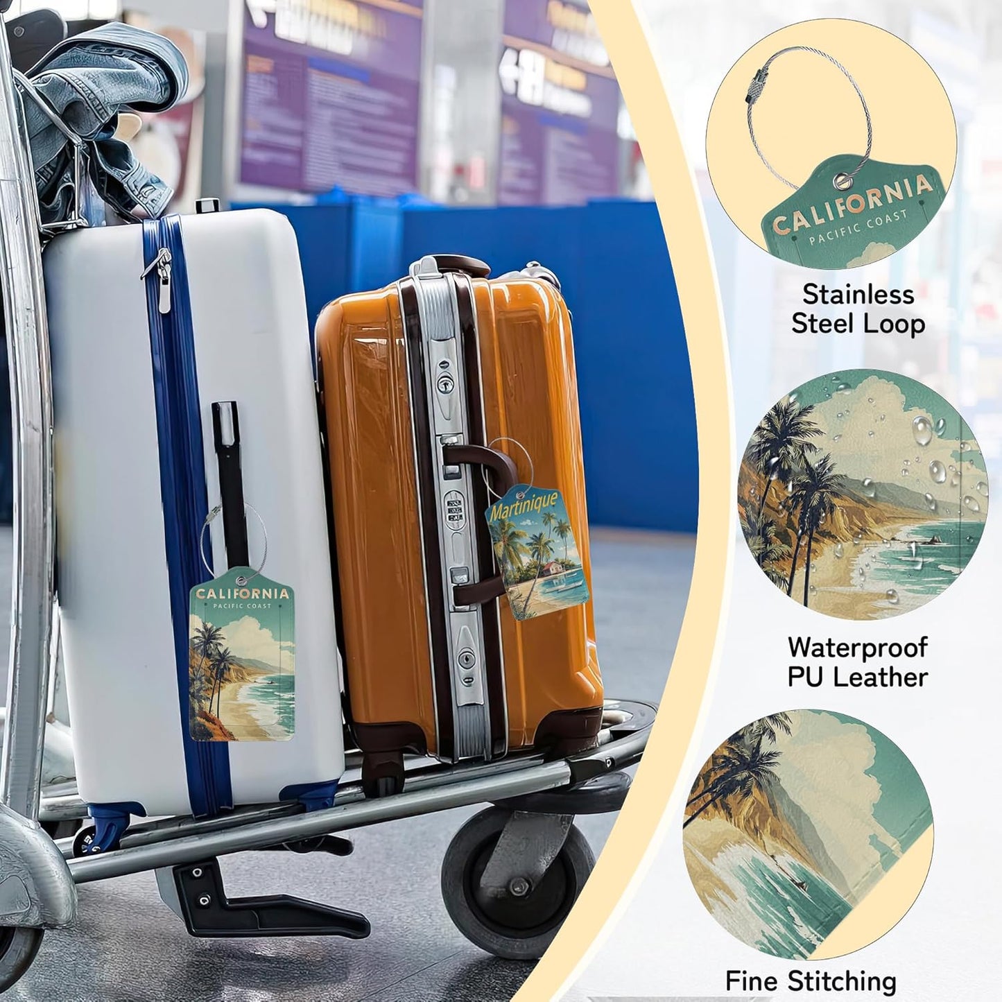 3 Pack Beach Tree Palm Luggage Tags for Suitcases, Cute Leather Name Tag with Privacy Cover with Stainless Steel Loops, Travel ID Bag Tags for Women Men