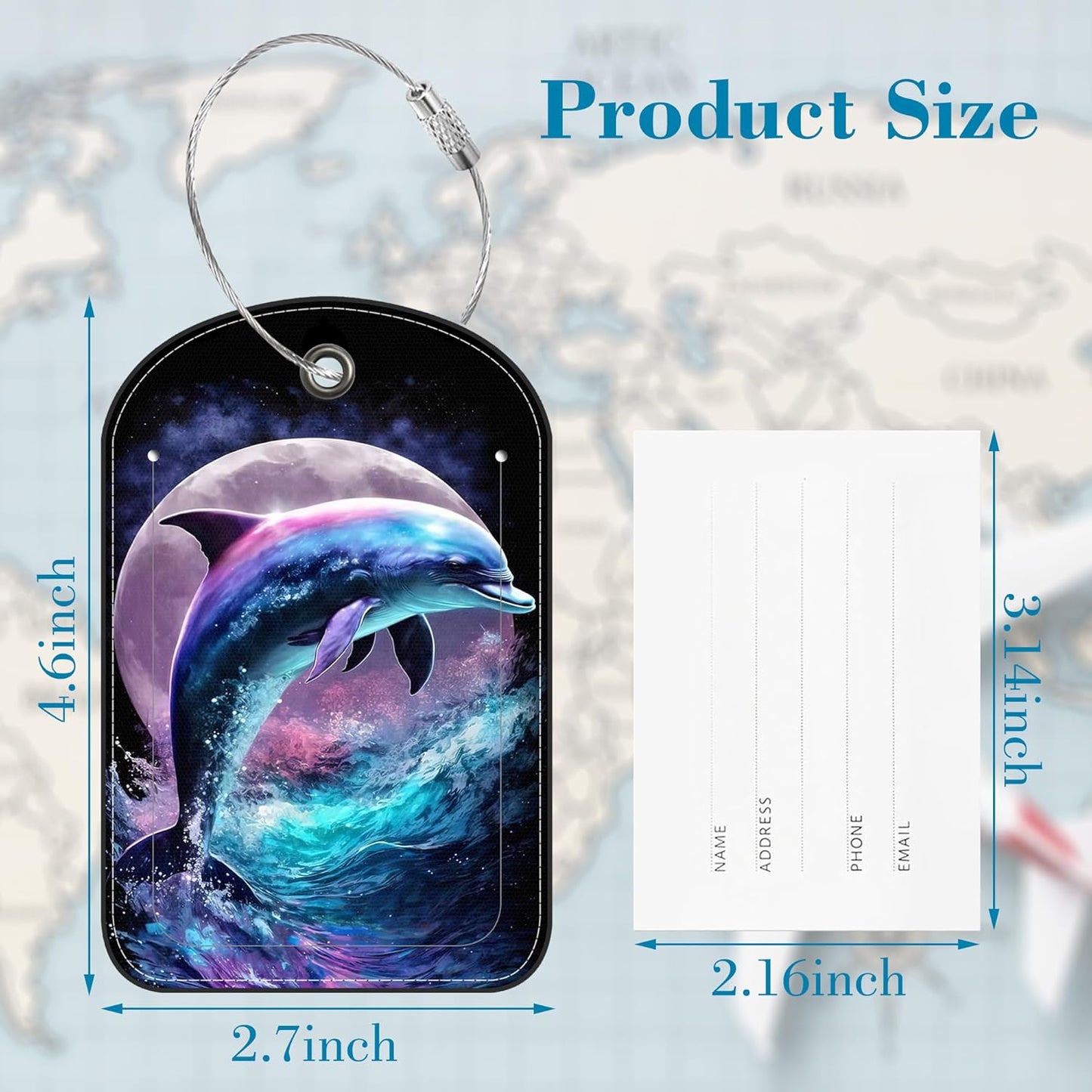 2 Pack Luggage Tag for Suitcase Jumping Dolphin Leather Suitcase Tags with Privacy Name ID Label and Stainless Steel Loop for Travel Bag