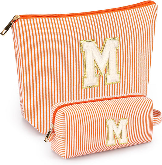 mibasies 2 PCS Initial Makeup Bags: Mothers Day Gifts for Women - Best Friend Birthday Gifts Graduation Gifts Wedding Bridesmaid Girlfriend Wife Daughter Sister Girl Gifts - Orange M
