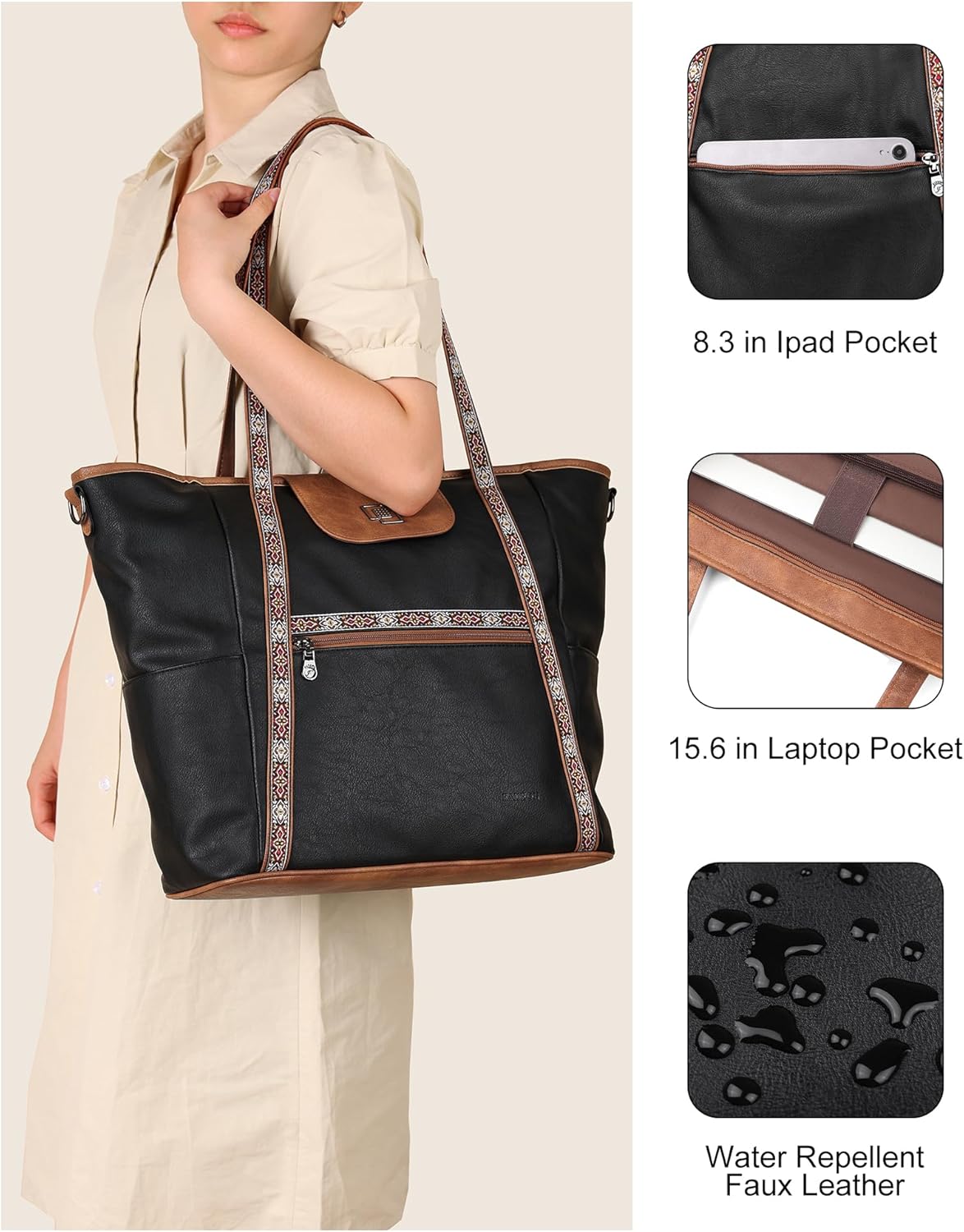 FADEON Large Laptop Tote Bag for Women Designer Leather Laptop Bag Fashion Travel Backpack Purse Shoulder Handbag