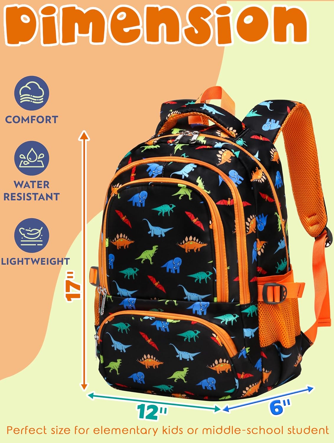 BLUEFAIRY Kids Backpacks for Boys Girls Elementary Primary Middle School Bookbags Back to School Bags for Childs Age 6-8 Mochilas Escolares para Niños Niñas 17 Inch Dinosaur Matte Black/Orange