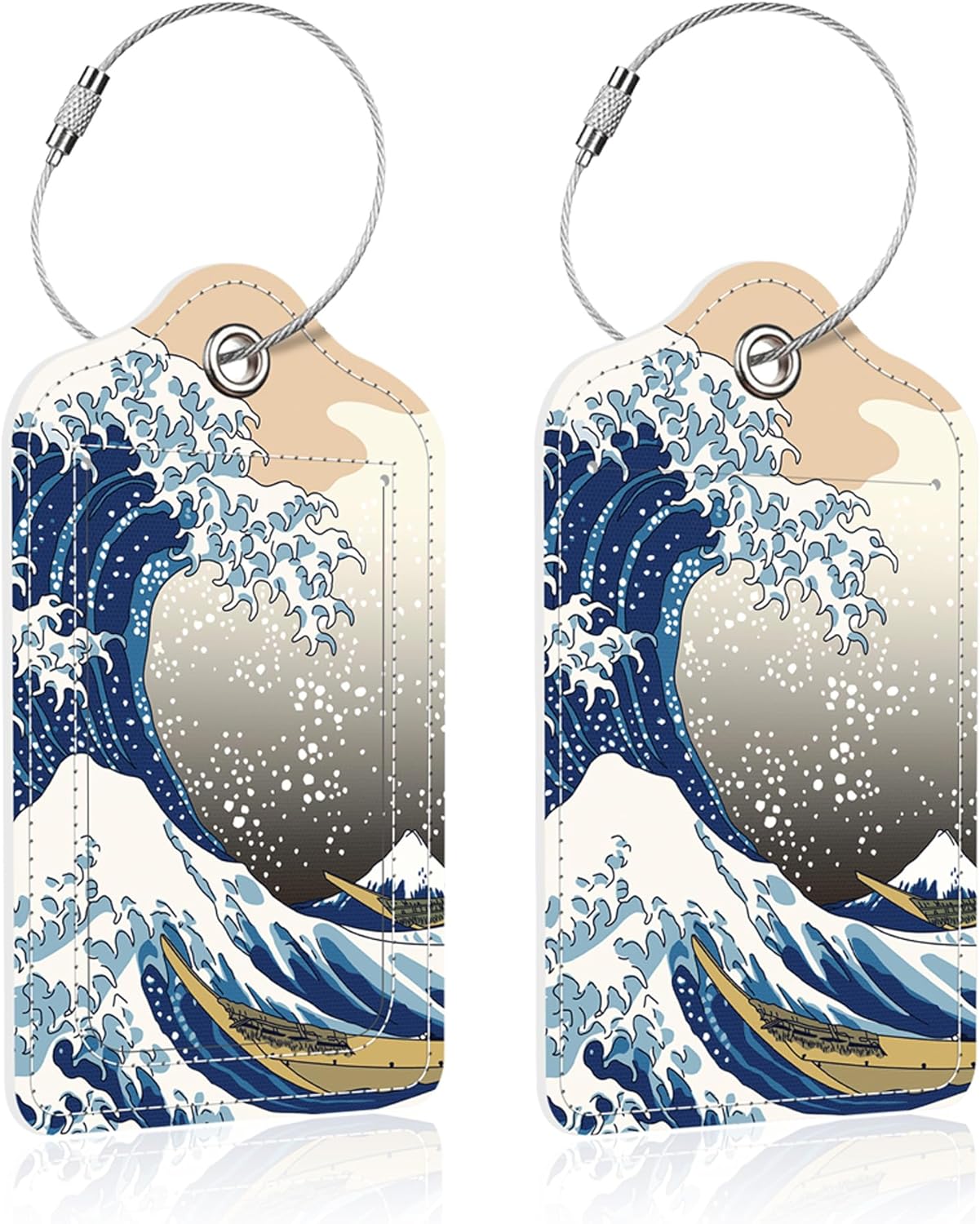 Luggage Tags for Suitcase,2 Pack The Great Wave Luggage Tag,PU Leather Id Label Luggage Tags with Stainless Steel Loop and Privacy Cover for Women Men Teens Travel
