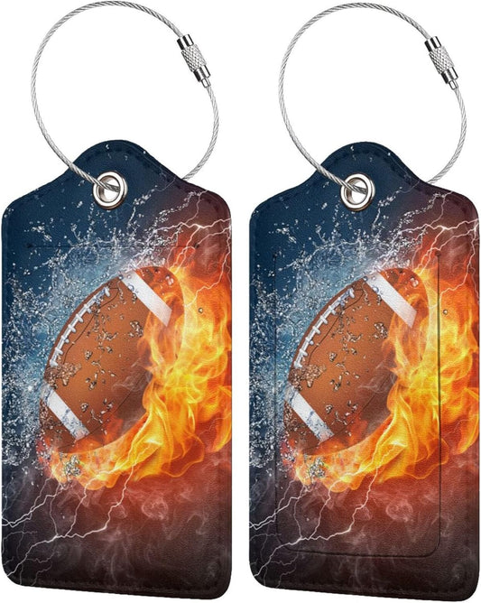 Football Luggage Tags for Suitcases for Boys, 2 Packs Sports-Themed Bag Tags for Kids Adults Teens, Travel ID Name Label Leather Luggage Identifiers with Cool Fire Water Background