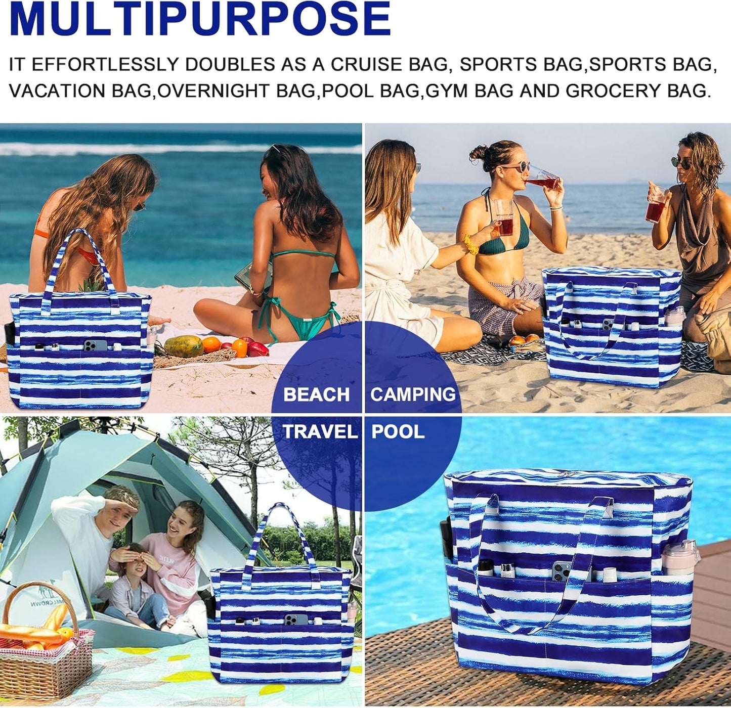 Bluboon Waterproof Beach Tote Pool Bags for Women Ladies Extra Large Carry On Bag With Wet Compartment for Weekender Travel