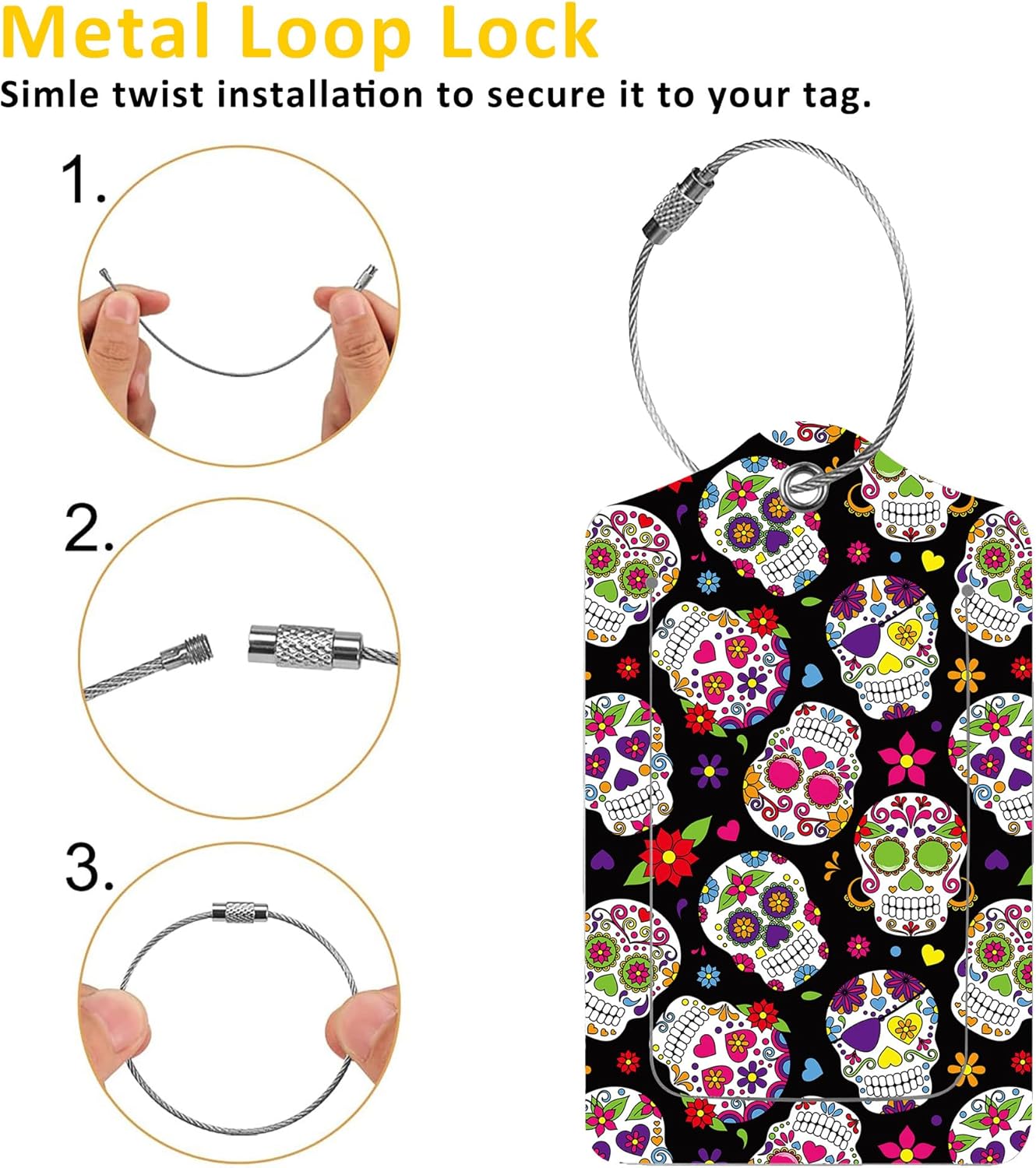 2 Pack Luggage Tags for Suitcases,Sugar Skull Luggage Tag,PU Leather Id Label Luggage Tags with Stainless Steel Loop and Privacy Cover for Women Men Teens Travel