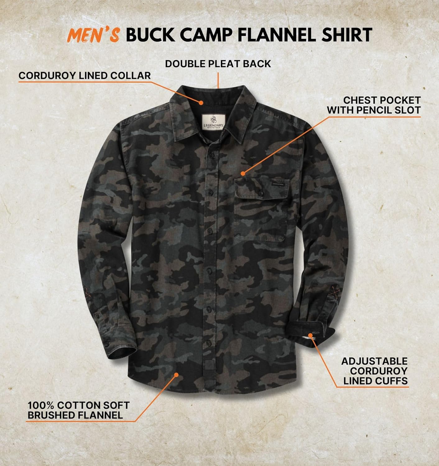 Legendary Whitetails Men's Flannel Shirt Long Sleeve Button Down 100% Cotton