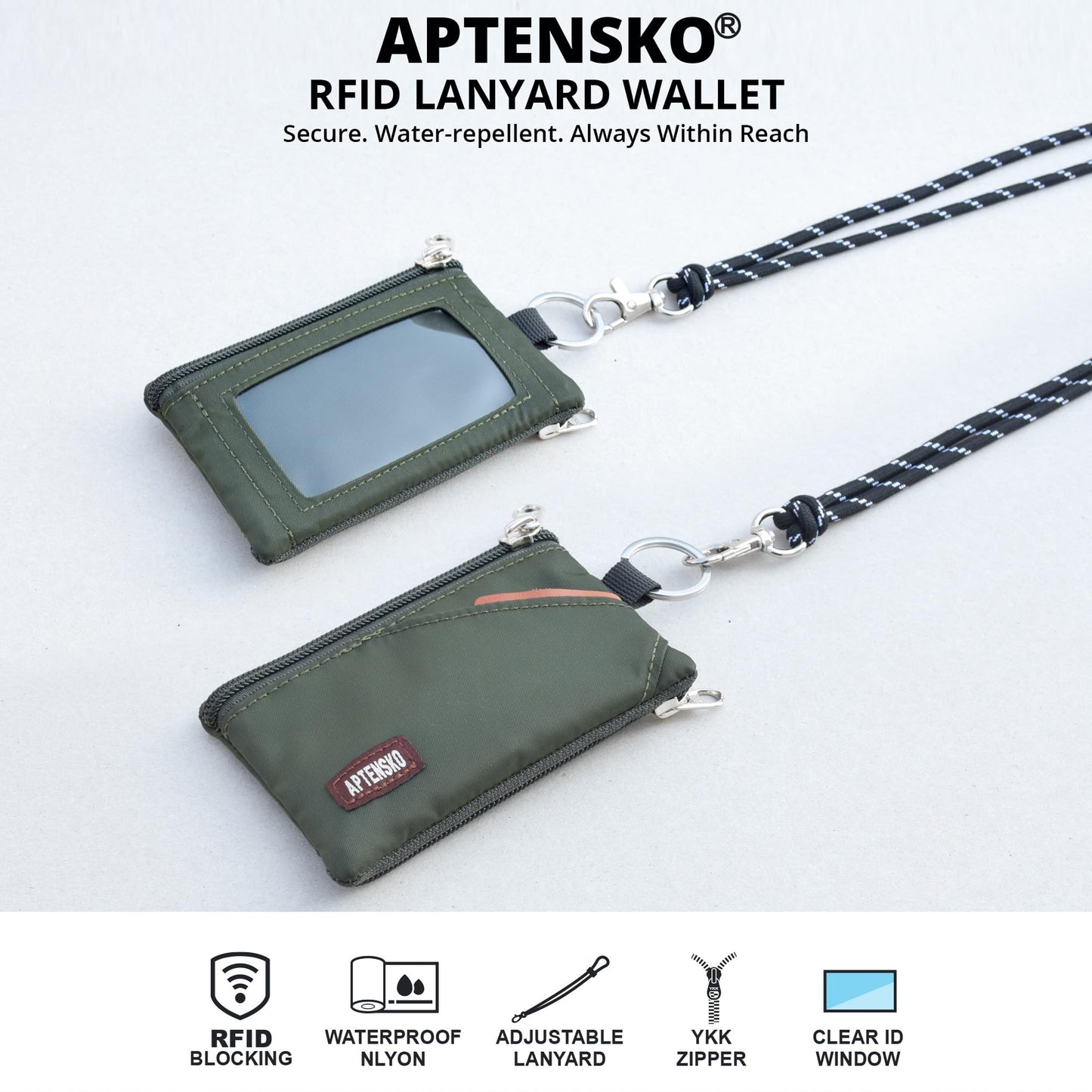 APTENSKO RFID Blocking Travel Wallet with Adjustable Lanyard, Small Nylon Zipper Pouch and Badge
