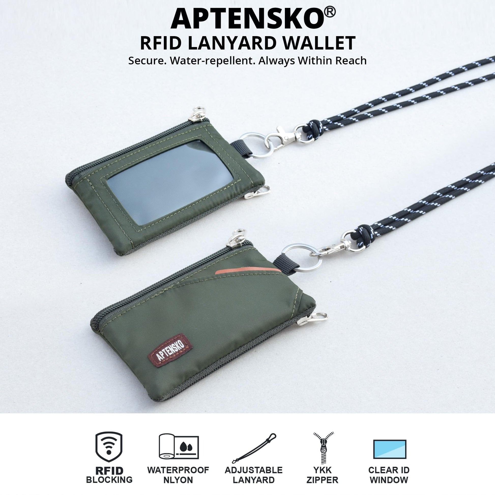 APTENSKO RFID Blocking Travel Wallet with Adjustable Lanyard, Small Nylon Zipper Pouch and Badge
