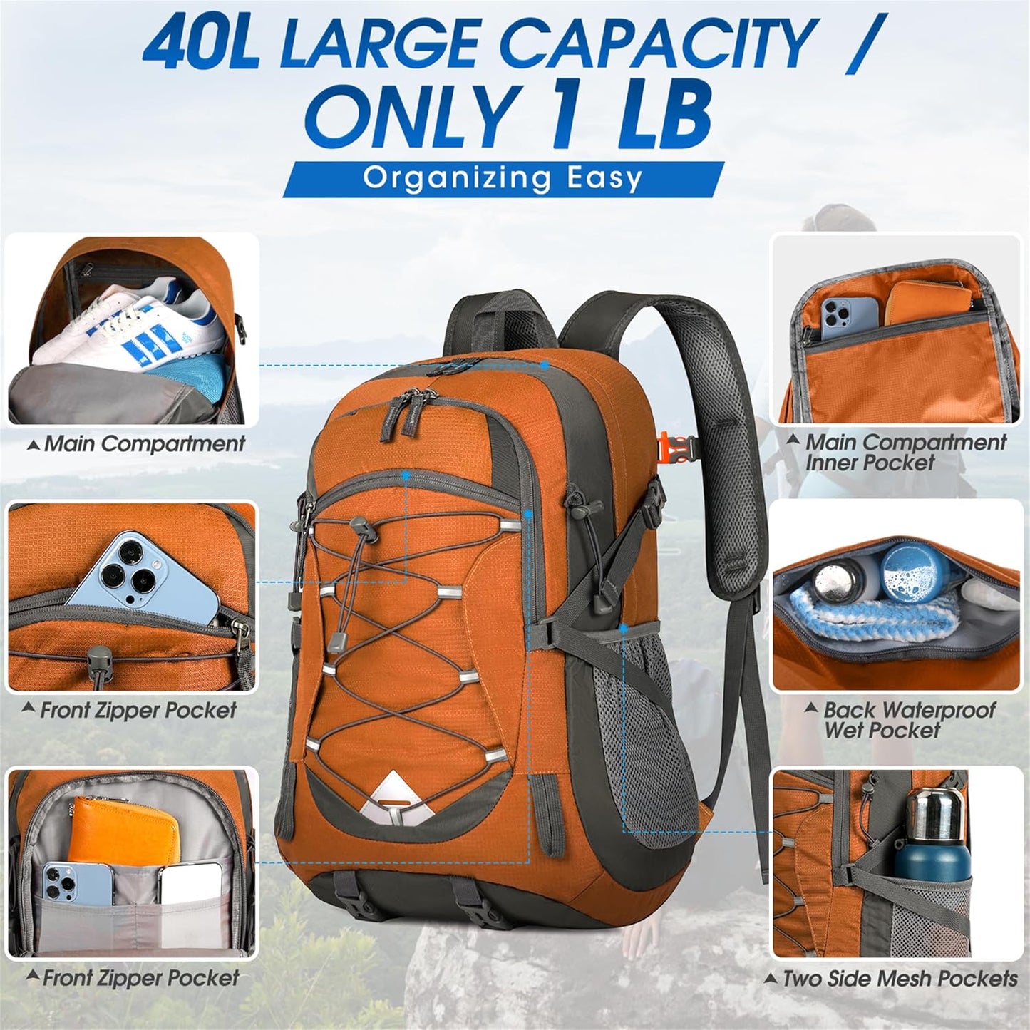 IGOLUMON Hiking Backpack 40L Packable Lightweight Camping Backpack Men Women Waterproof Hiking Daypack Outdoor Travel Daypack