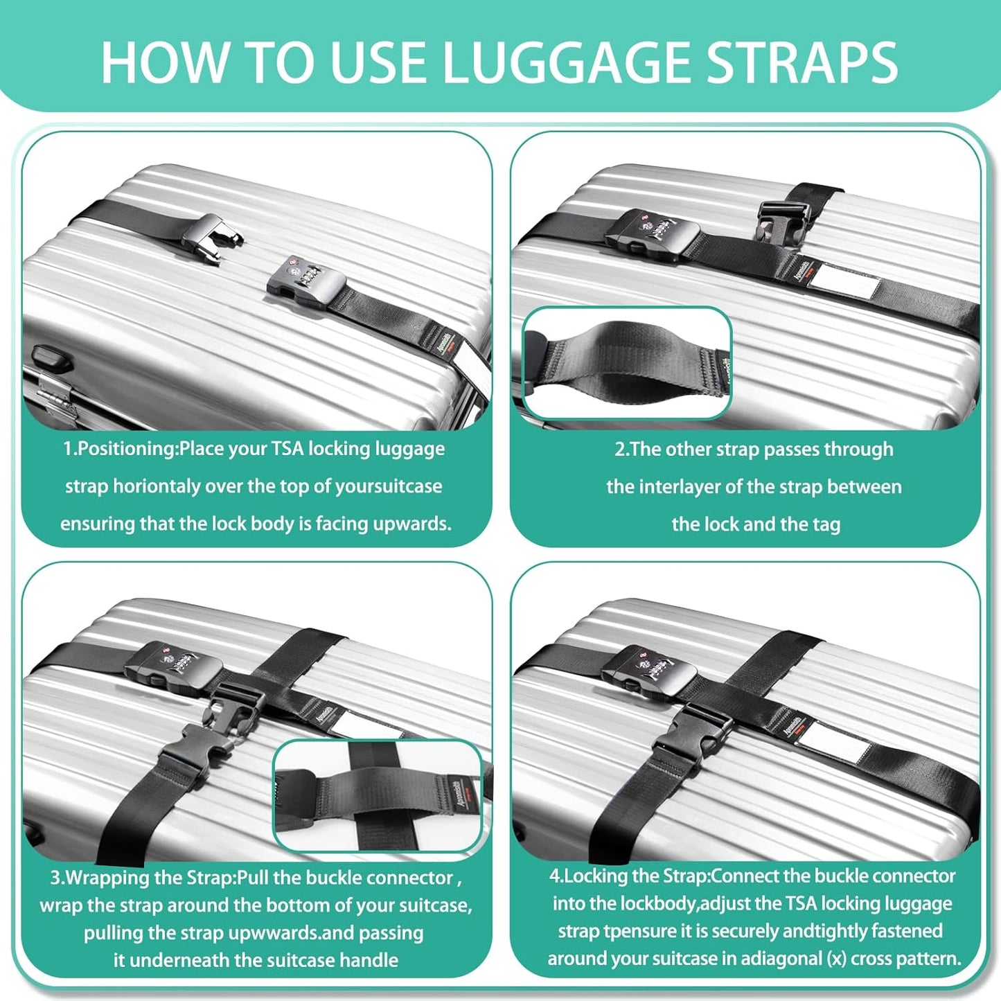 Cross Luggage Strap Belt for 20"-32" Suitcase with TSA Approved 3-Dial Combination Lock Wide Adjustable Packing Straps Travel Accessories, Black