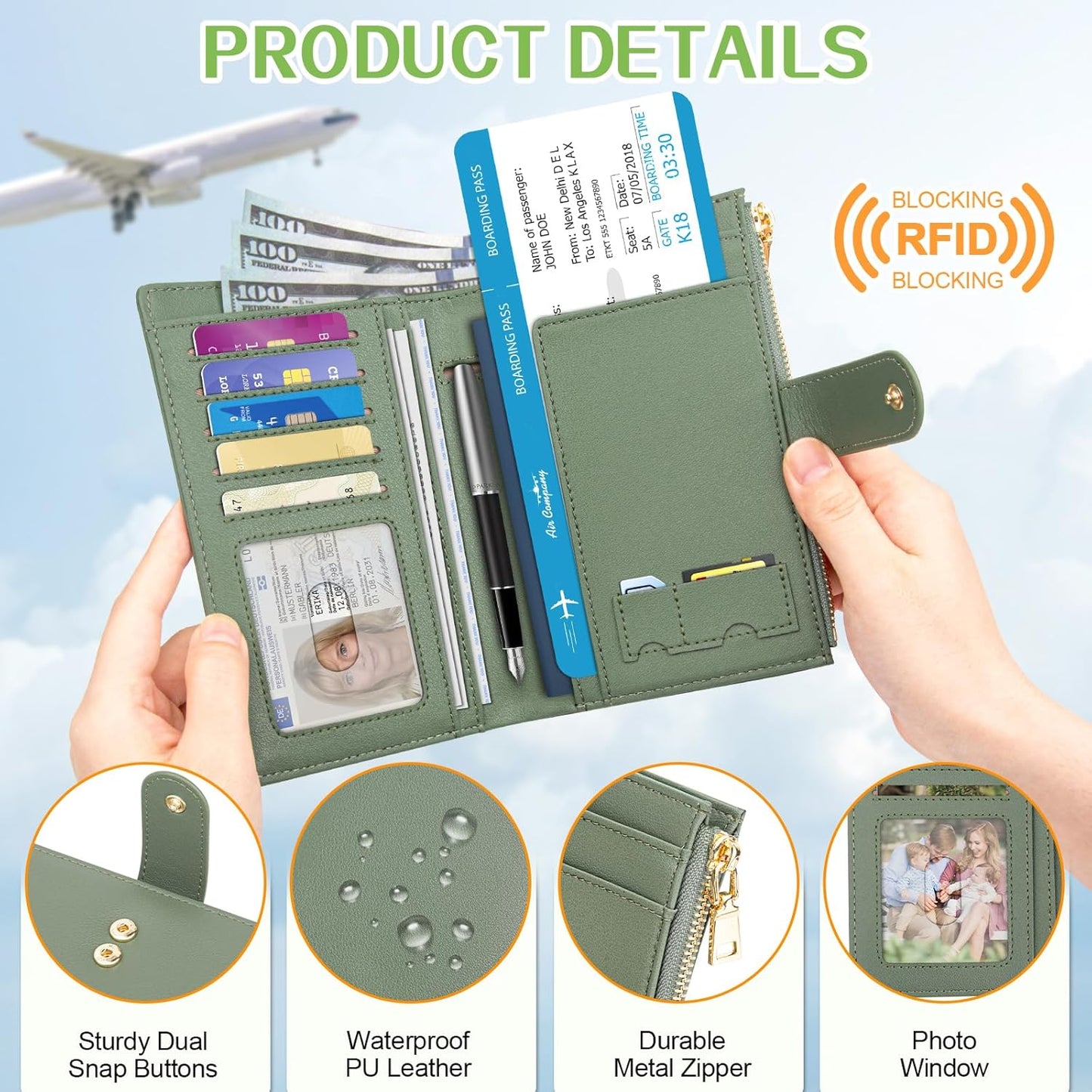 Passport Holder for Travel Women, RFID Blocking Passport Wallet with Airtag Slot, PU Leather Passport Cover Travel Wallet with Zippered Coins Pocket for Travel Essentials