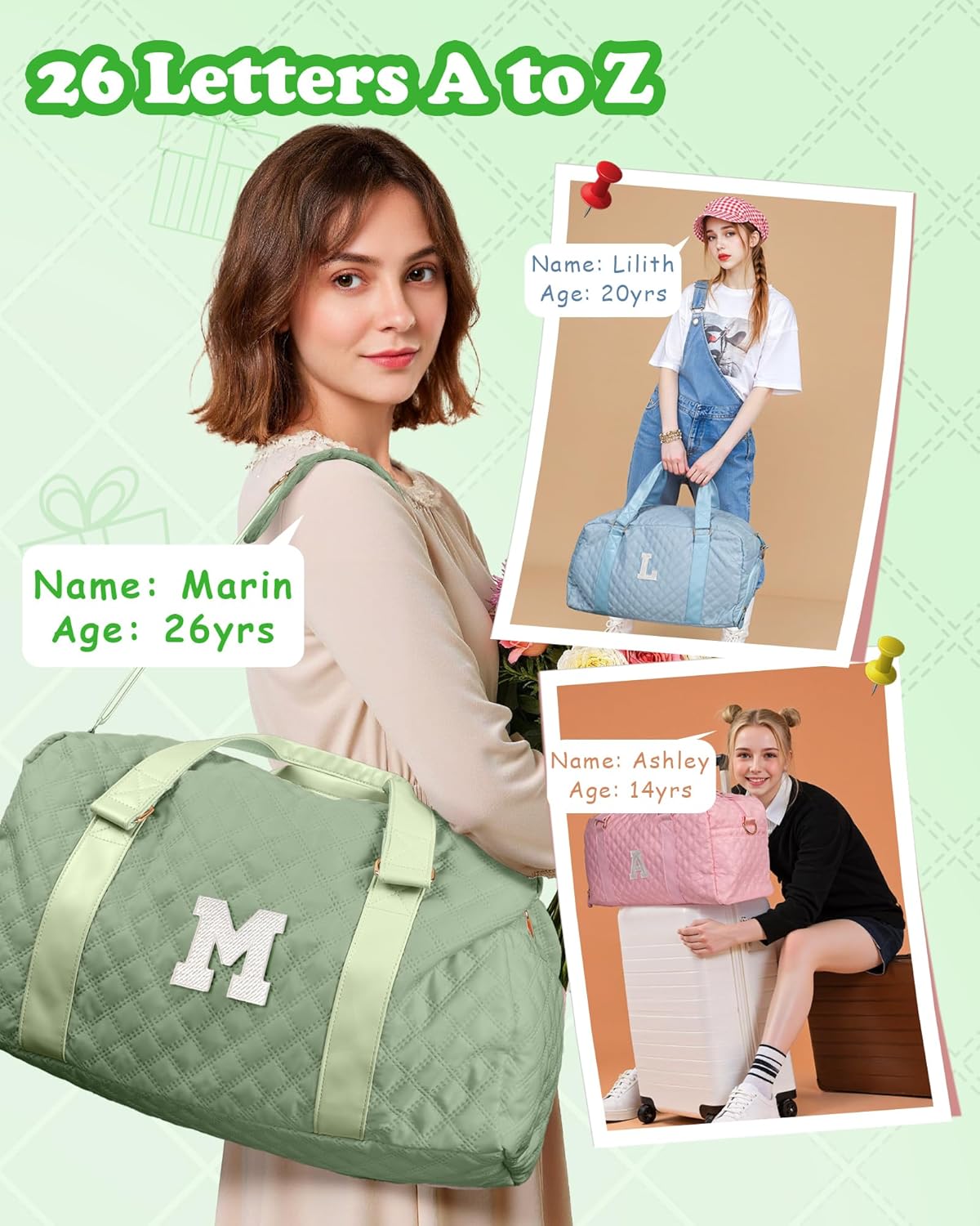 Initial Duffle Bag for Travel Women Girls Gift: Personalized Weekender bags, Dance Cheer bag Sports for Girl, Kid Gymnastics Bags, Birthday Gifts for Women Girls Kids Teens Mom Teacher