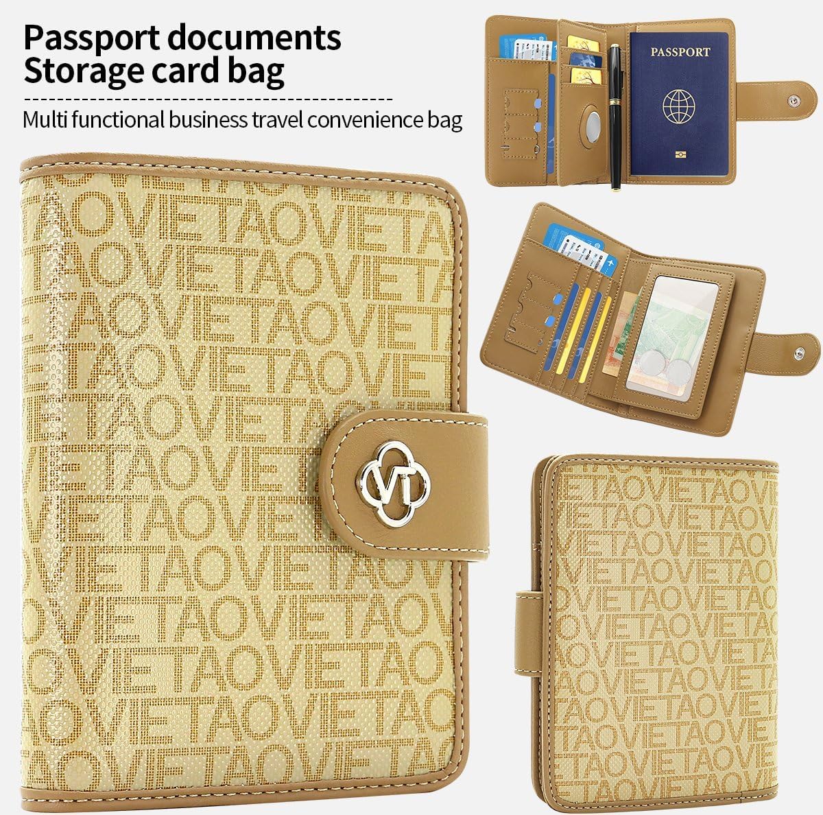 Passport Holder Wallet Bag with AirTag Holder, Card Slots and Passport Solt Ticket Cash Solt, Photo Solt Sim Card Pen Slot.Apricot