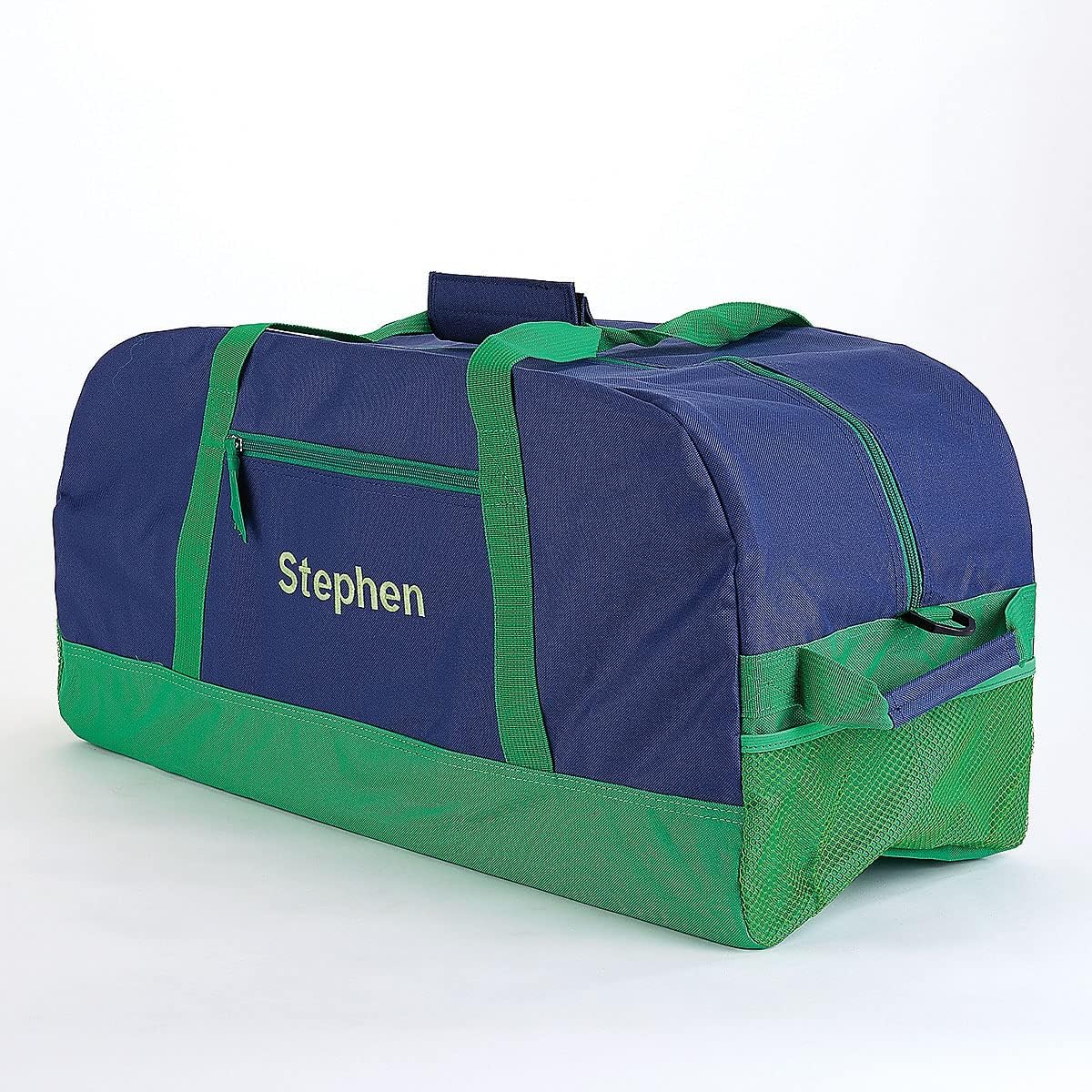 Lillian Vernon Navy and Green Personalized Medium Duffel Bag for Kids - Sports and Activities, Luggage, 11" x 12" x 23"W