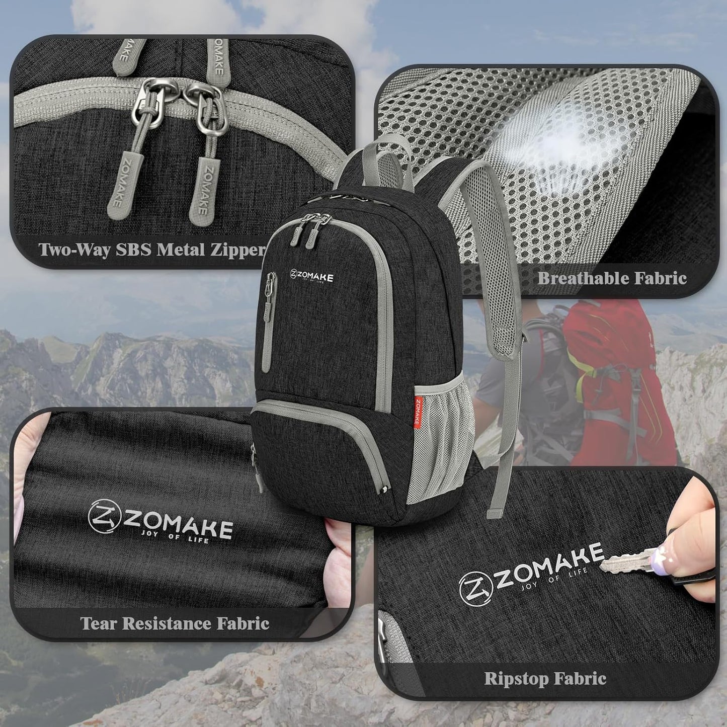 ZOMAKE Ultra Lightweight Packable Backpack 20L,Small Foldable Backpacks Hiking Water Resistant Collapsible Daypack for Women Men(Black-B2)