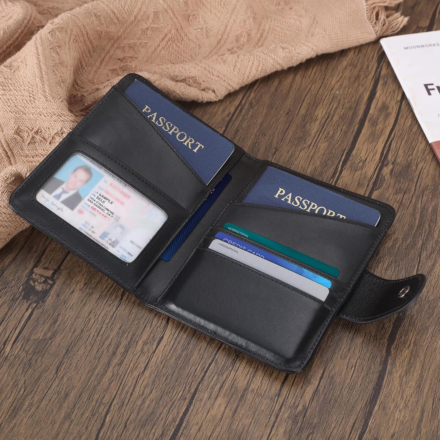 Polare Napa Leather Slim and Soft RFID Blocking wallet For Men Snap Bifold Travel Wallet Passport Holders 2 Passports (Black with AirTag Slot)