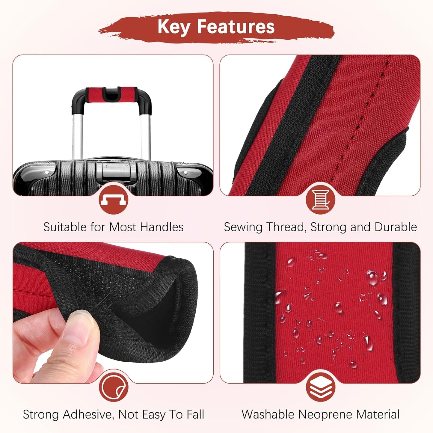 Luggage Handle Wrap [5PCS] - Neoprene Luggage Identifiers Hollow Design Use for Push-Button Suitcase & Trolley Case - [Red-6IN/15CM] Comfort Grip Handle Cover