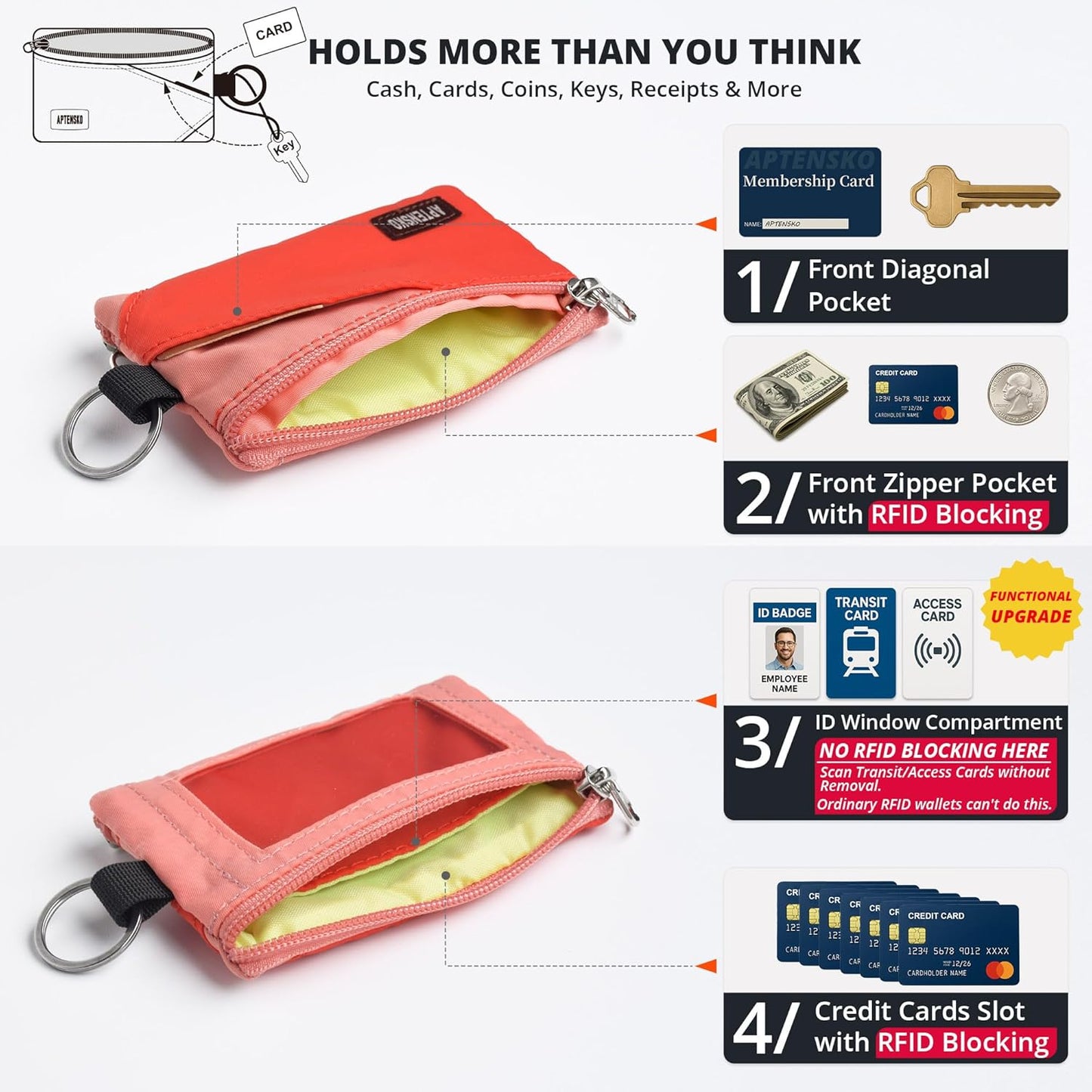 RFID Travel Wallet with Adjustable Lanyard-Zipper Small Wallet with ID Card Holder, Keychain for women&men-Minimalist Slim Waterproof Nylon case for ID, Cash, Key (BlazingOrange+CoralBlush)