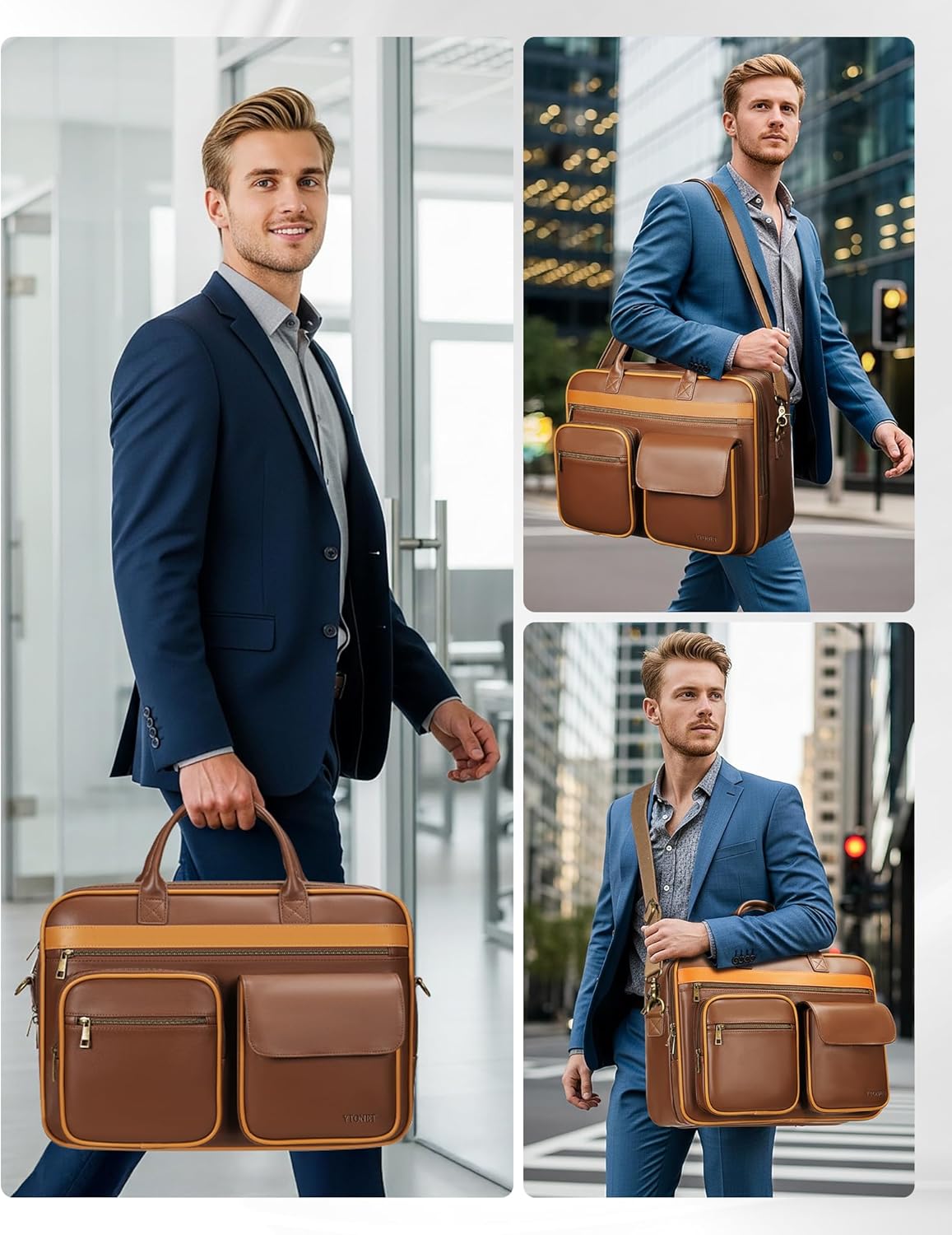 Ytonet Leather Messenger Bag for Men, 15.6 In Vintage Briefcase with Padded Laptop Compartment, Large Satchel Bags Laptop Bag for Mens, Waterproof Computer Bags for Work Office Business Travel, Brown
