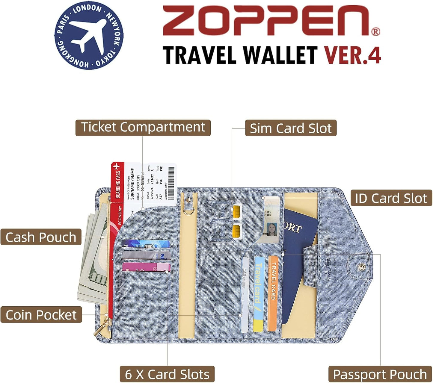 ZOPPEN Mulit-purpose Rfid Blocking Passport Holder Travel Wallet (Ver.4) Passport and Vaccine Card Holder ComboTri-fold Document Organizer Travel Essentials