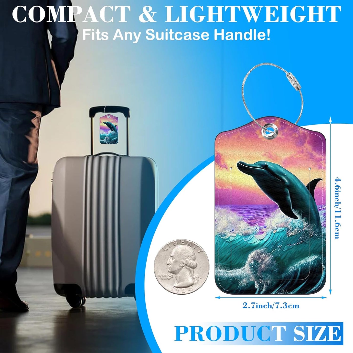 Moon Night and Jumping Dolphin Luggage Tags for Suitcases Leather Travel Tags for Luggage ID Label with Privacy Cover and Stainless Steel Loop for Men Women Suitcase Backpack, Set of 2