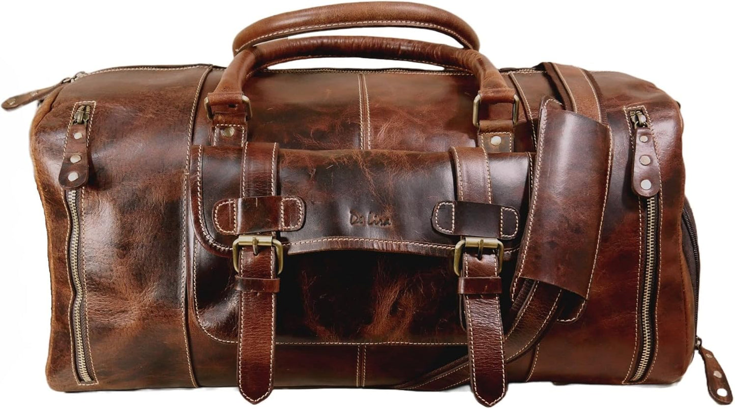 Genuine Full Grain Leather Carry On Travel Bag 21x11x10 with Trolley Straps, Shoe Compartment, Shouler Strap by De Lira