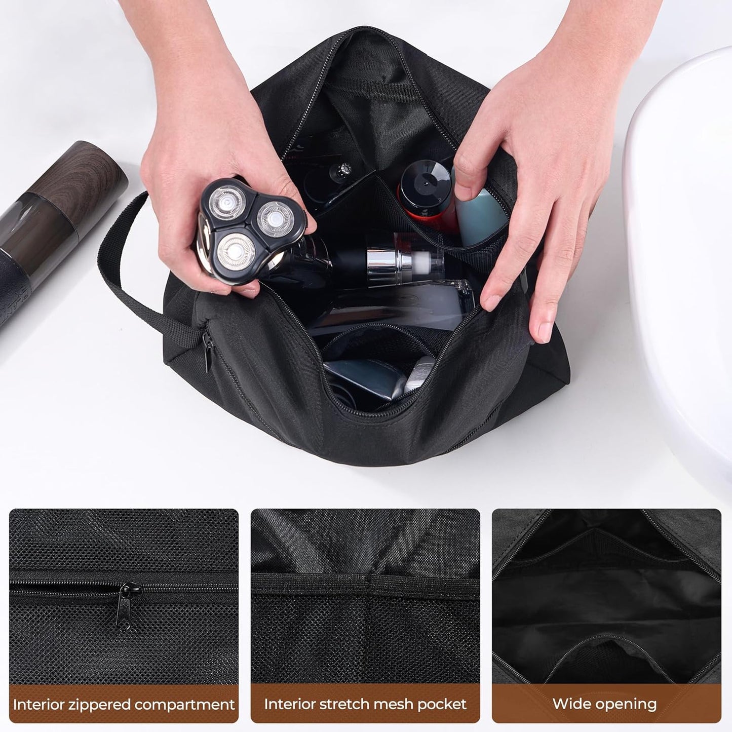Elviros Travel Toiletry Bag for Women and Men,Lightweight Makeup Bag Hanging Dopp Kit with Shaving Compartment Cosmetic Organizer Small Tool Bag Travel Essentials(Large,Black)