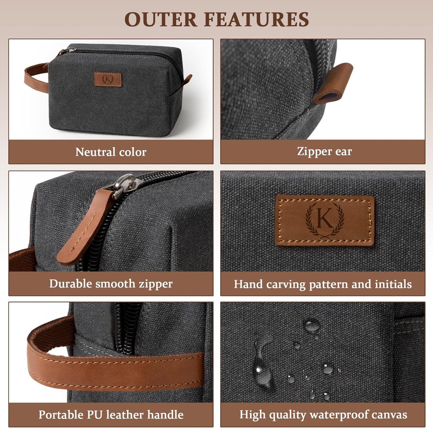 Janhavi Waterproof Personalized Toiletry Bag for Men,Engraved Initials & Wheat Ear, Make Up Bag for Traveling, Men's Accessories Organizer, Groomsmen Gifts for Him, Travel Essentials(Dark Grey K)