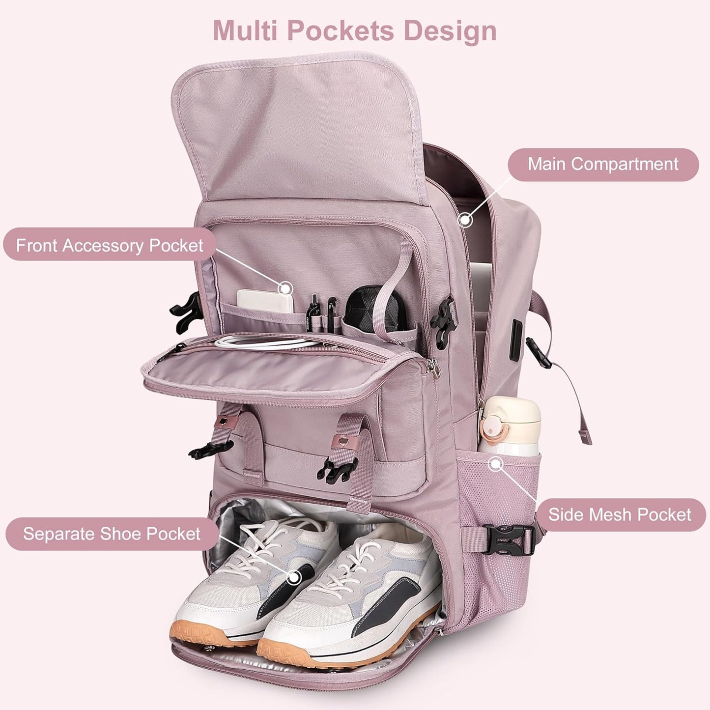 PIJUSHI Travel Backpack for Women Carry on Luggage Backpack Flight Approved Convertible Duffle Bag Fit 16 Inch Laptop(PE037 Light Purple)