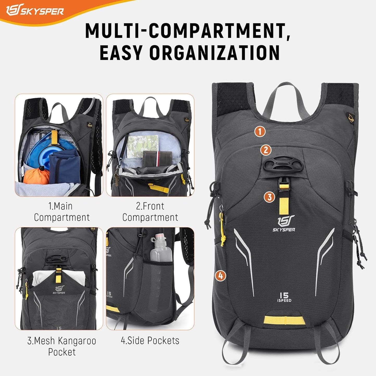 SKYSPER Small Hiking Backpack 15L Lightweight Day Pack Travel Hiking Daypack for Women Men(Darkgray)