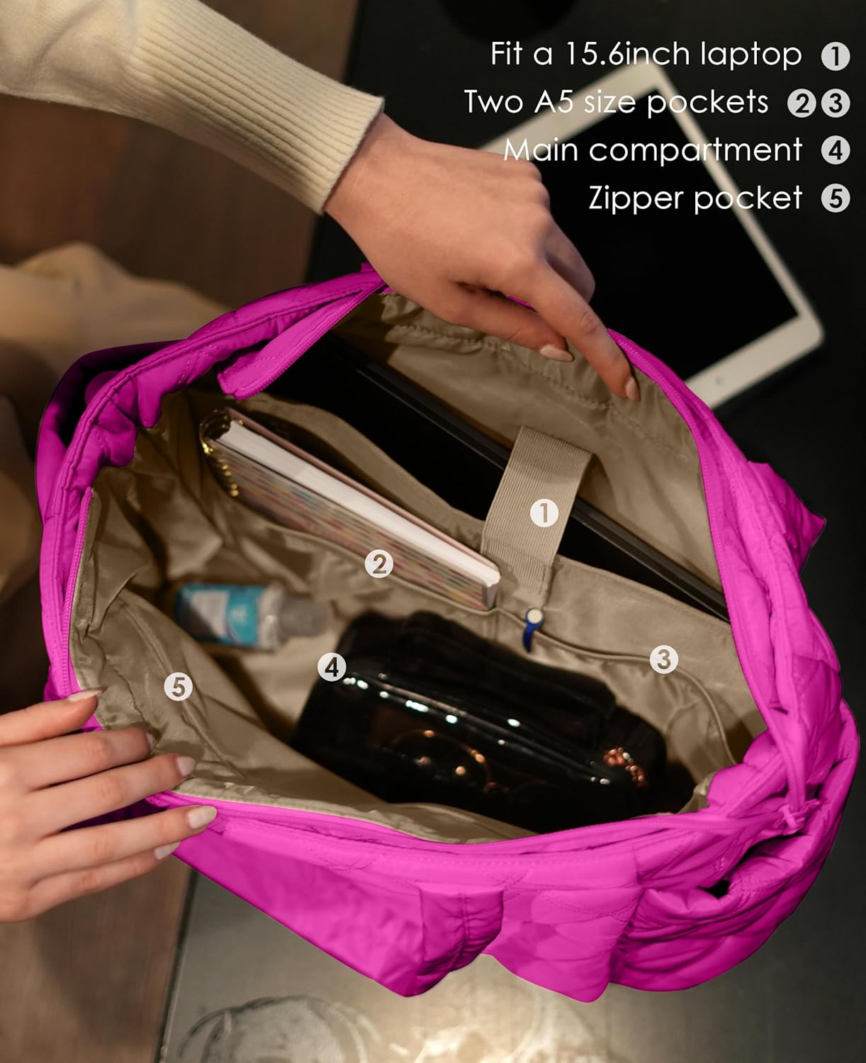 Tote Bag for Women, Lightweight Puffer Tote Work Bags with Compartments for Travel, Quilted Shoulder Bag with Zipper
