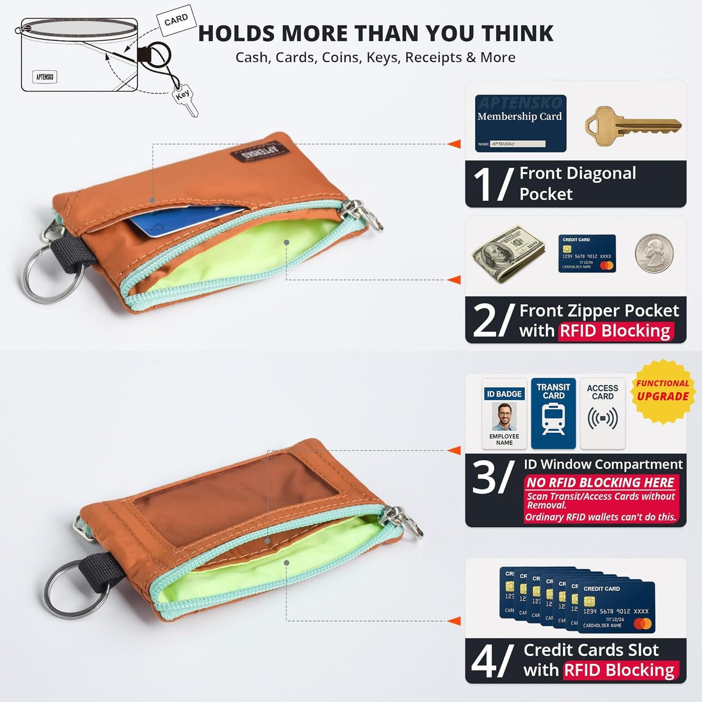 RFID Travel Wallet with Adjustable Lanyard-Zipper Small Wallet with ID Card Holder, Keychain for women&men-Minimalist Slim Waterproof Nylon case for ID, Cash, Key (Rust)