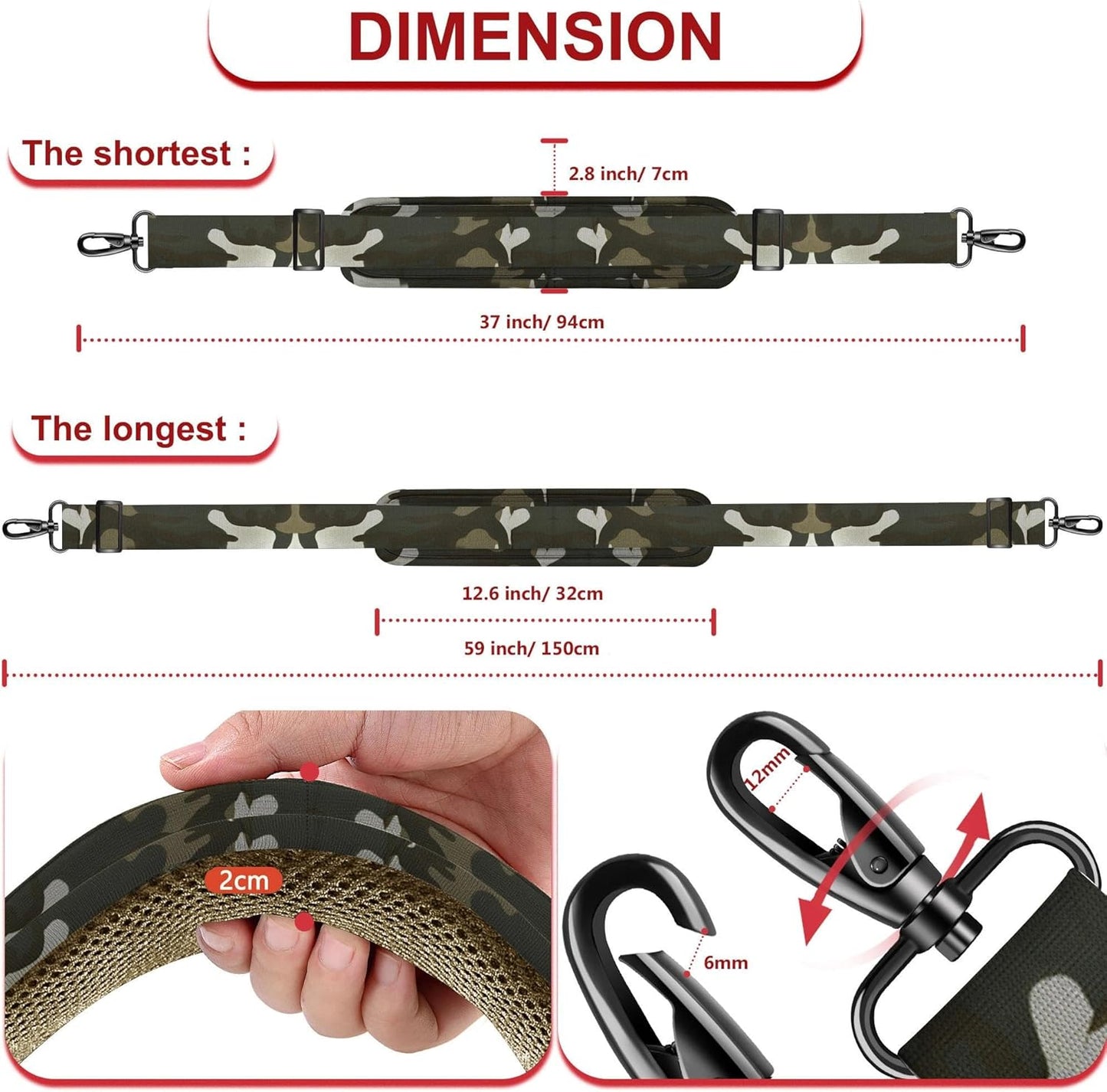 ZINZ Shoulder Strap - 59 Inch Universal Heavy-duty Adjustable Strap with Ultra-thick Fixed Breathable Pad for Laptop, Gym, Camera Bag and More -Camouflage green