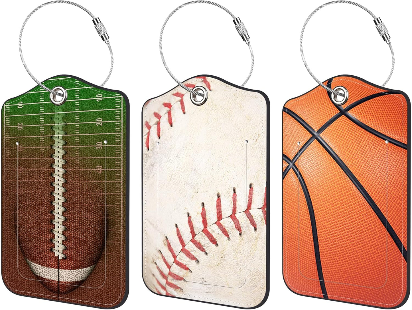 3 Pack Luggage Tags for suitcases American Football Baseball Basketball Leather Luggage Tag, Identifiers with Privacy Name ID Label and Metal Loop for Men Women Travel Bag Suitcase