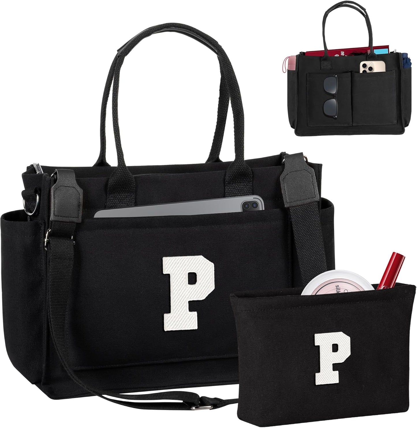 Gifts for Women Teen Girls, Initial Tote Bag with Zipper, Letter Canvas Tote Purse for College Work Laptop Beach