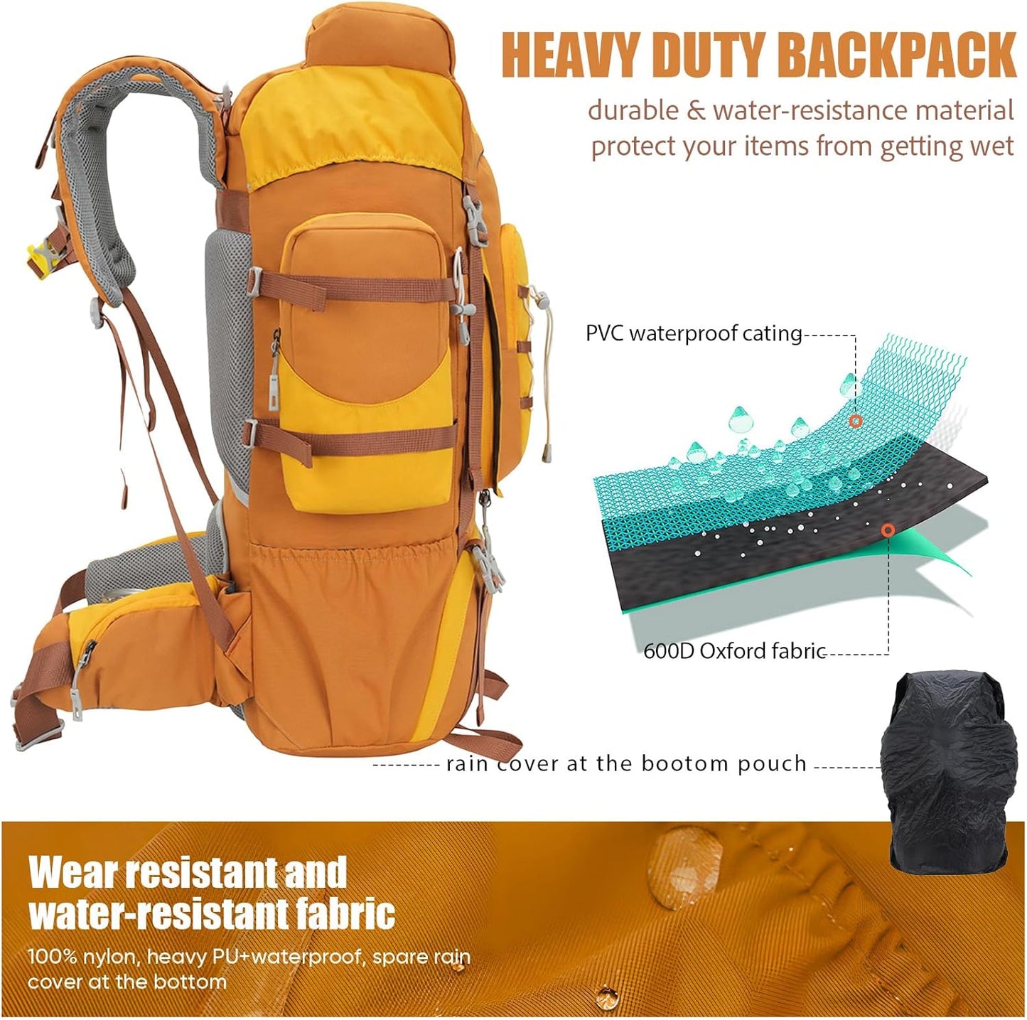 Bseash 70L (65+5) Waterproof Hiking Camping Backpack with Rain Cover, Outdoor Sport Travel Daypack for Climbing Touring (Yellow)