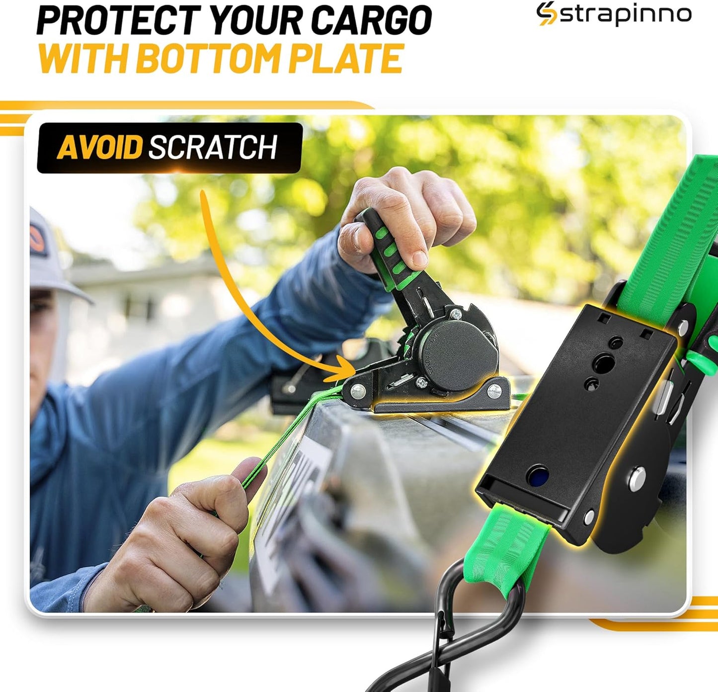 Strapinno Retractable Ratchet Straps 1 in x 10 ft, Secure Tie-Downs with Rubber-Coated Steel Handles, for Motorcycle, Jetski, Kayak, Breaking Strength 1,500LBS/680KG (Green Strap, Black Coated)