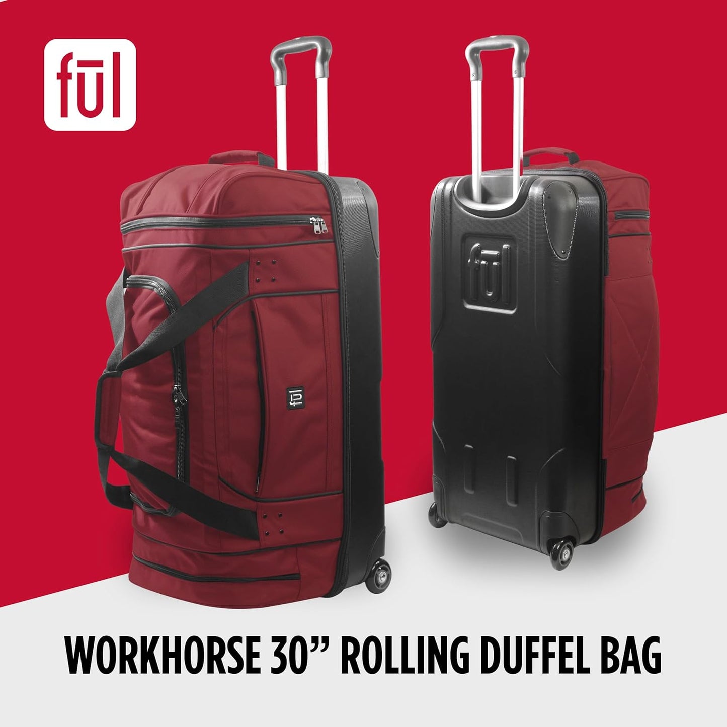 FUL Workhorse 30 Inch Rolling Duffel Bag, Checked Travel Luggage with Hardshell Base and Wheels