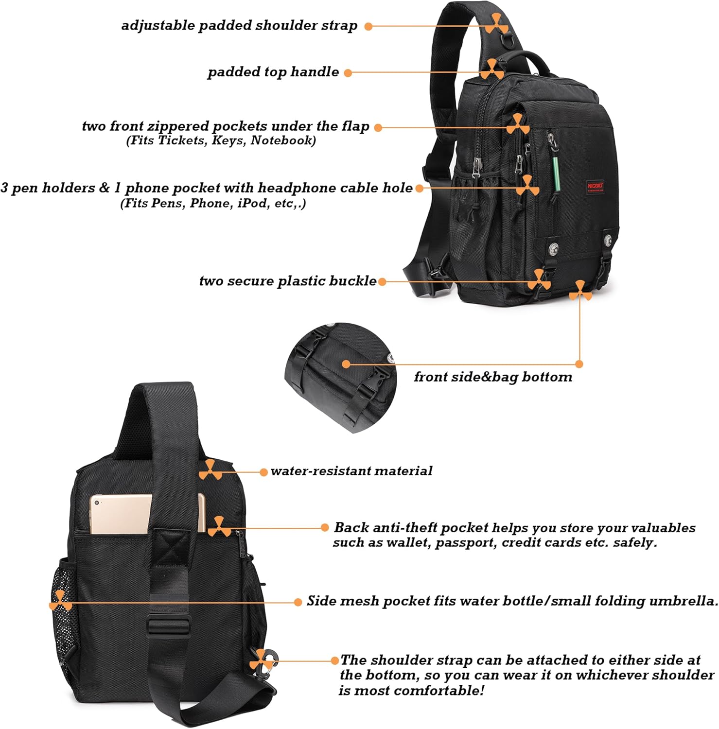 NICGID Sling Bags Chest Shoulder Backpacks, 12.5'' 13.3'' 14.1'' 15.6''Laptop Backpack Crossbody