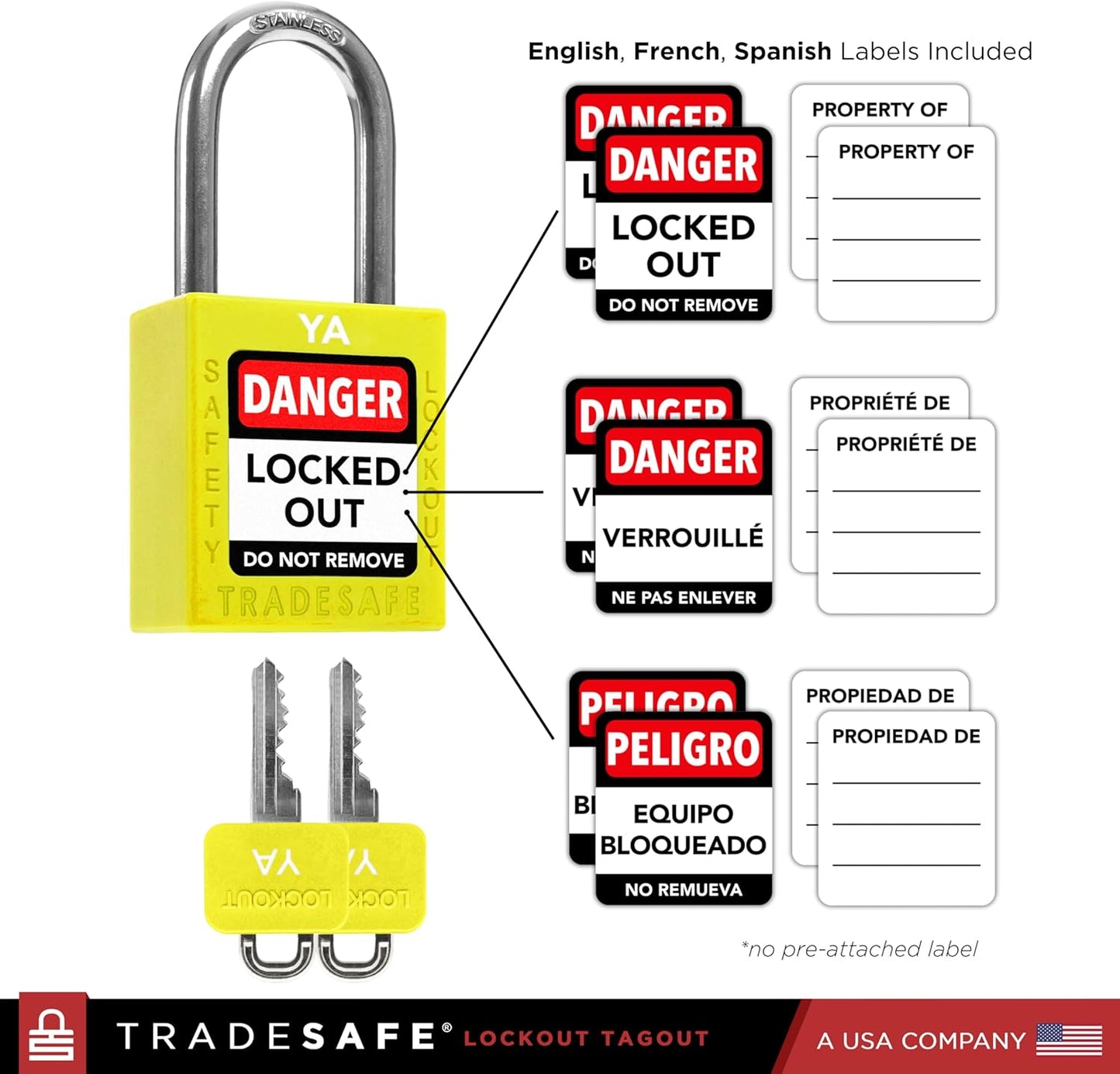 TRADESAFE Lockout Tagout Lock Sets, 10 Yellow Keyed Alike Unlimited Grouping Safety Padlocks, 2 Keys Per Lock, OSHA Compliant Loto Locks, for Lock Out Tag Out Kits