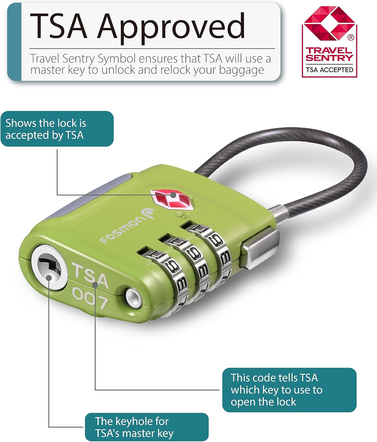 Fosmon TSA Approved Luggage Locks, Cable Suitcase Travel Lock, 3 Digit Long Shackle Combination Padlock, Wire Lock for Gym Locker, Backpack Anti Theft