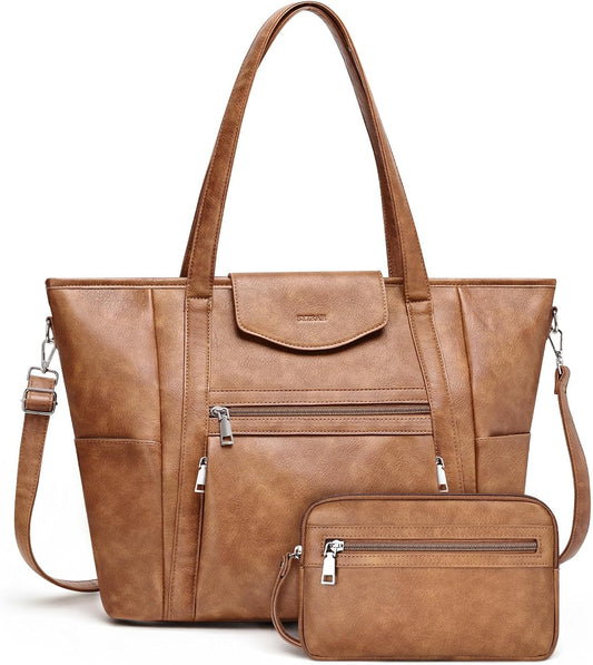 Laptop Bag for Women Designer Leather Laptop Backpack Purse, 16 inch Computer Tote Bags for Work Travel with Satchel Purse Brown