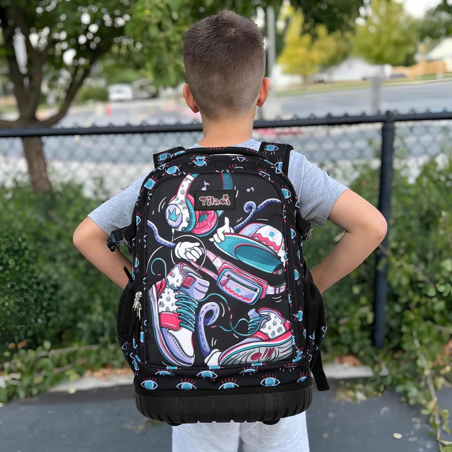 Tilami Rolling Backpack for Kids 18 Inch Wheeled Bookbag for Boys & Girls for School & Travel,Sports Black