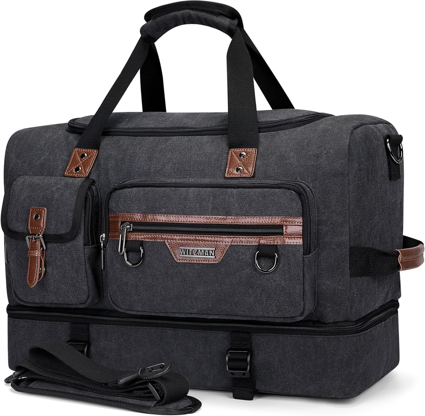WITZMAN Canvas Weekender Bag Mens Overnight Bag for Traveling Carry on Duffle Bags with Shoes Compartment（A8010 Classic Black）