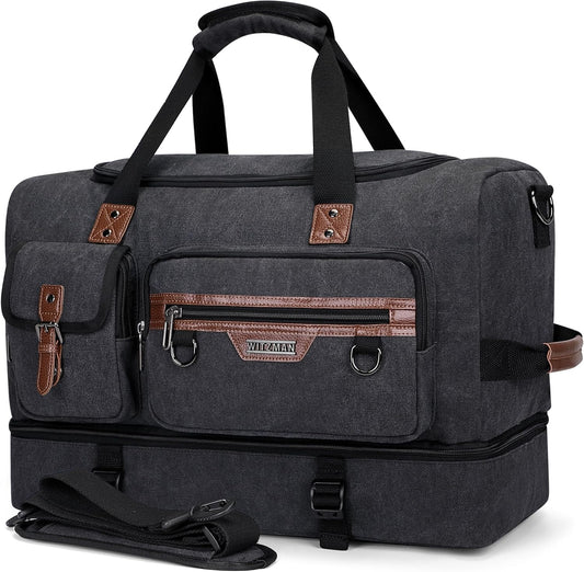WITZMAN Canvas Weekender Bag Mens Overnight Bag for Traveling Carry on Duffle Bags with Shoes Compartment（A8010 Classic Black）