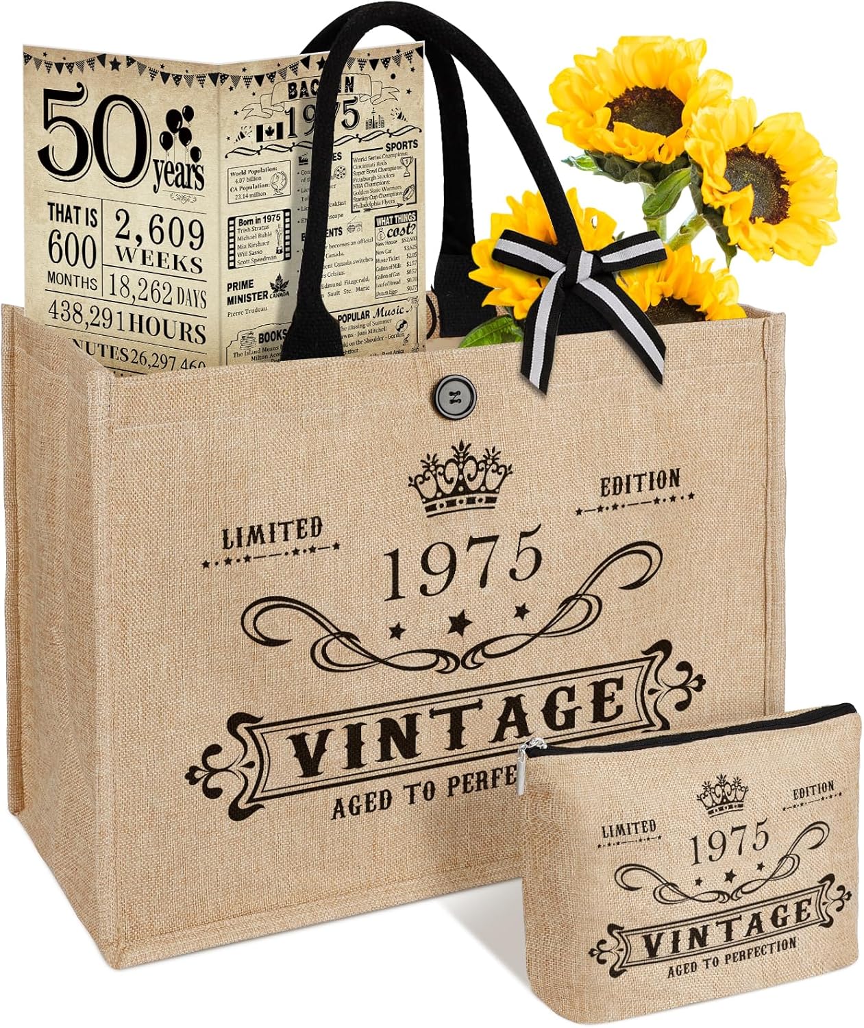 YeohJoy 50th Birthday Gifts for Women Jute Tote Bag, Vintage 1975 Burlap Bag with Cosmetic Bag and Back in 1975 Poster, Unique 50 Years Old Gifts for Mom Friends Wife Sister Her