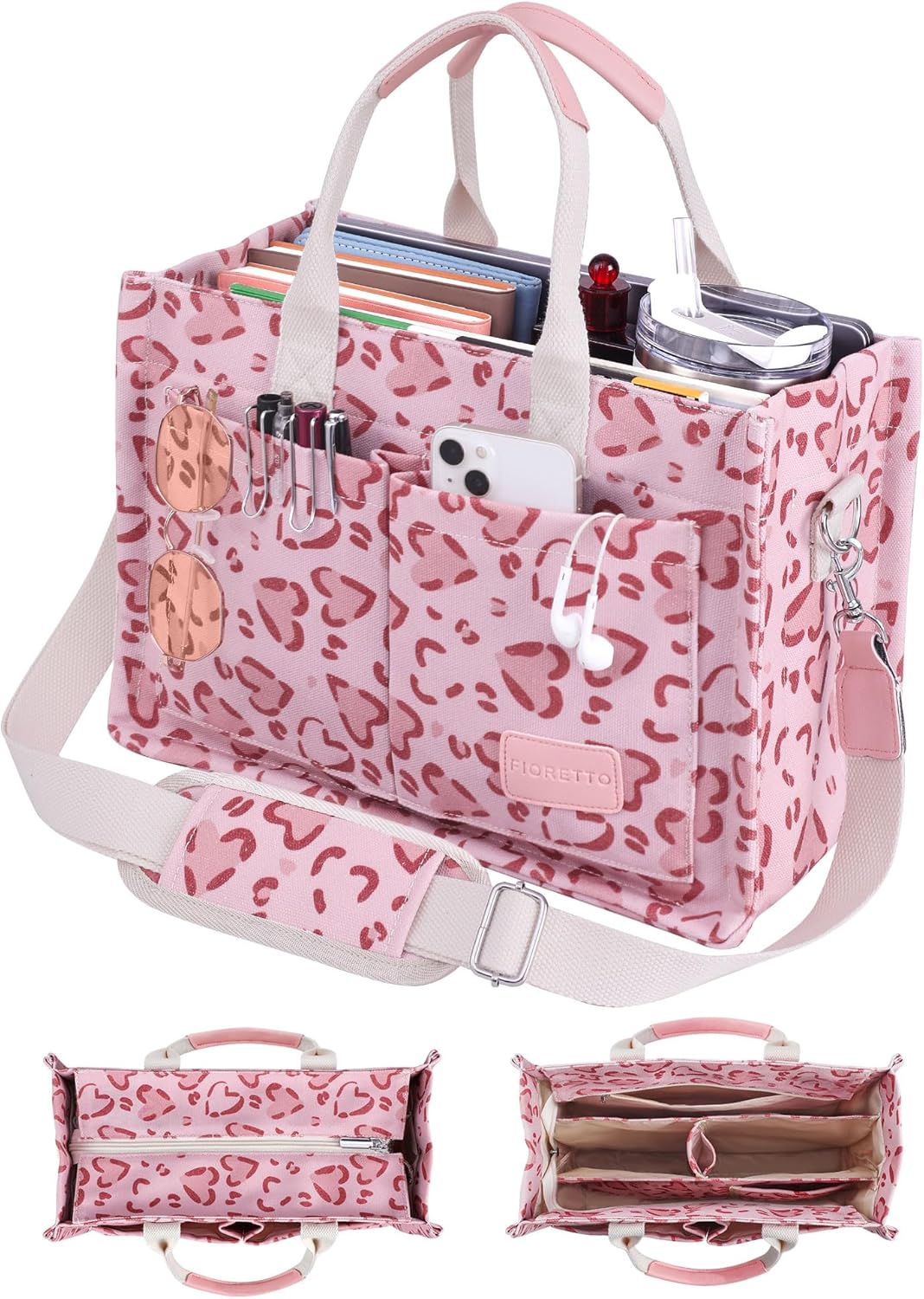 FIORETTO Canvas Tote Bag for Women with Zipper Closure & Individual Compartments for Work College for Teacher & Nurse
