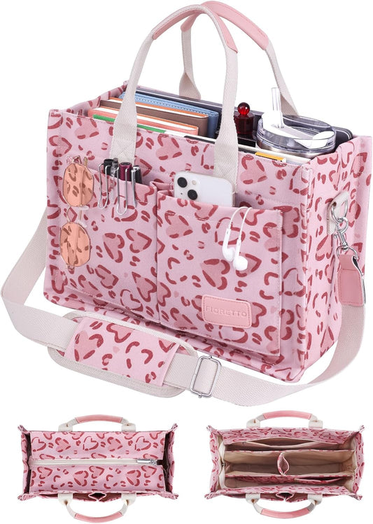 FIORETTO Canvas Tote Bag for Women with Zipper Closure & Individual Compartments for Work College for Teacher & Nurse