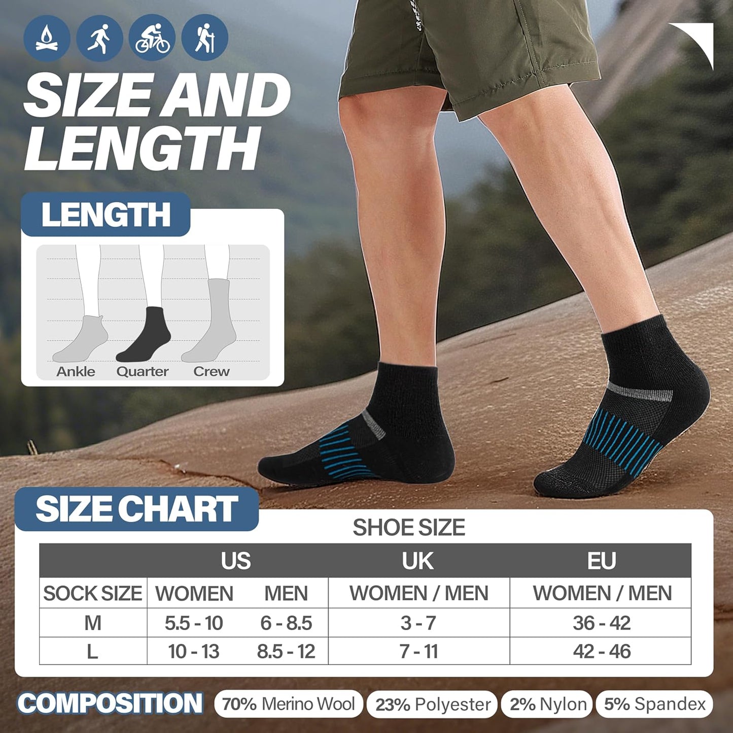 6 Pairs Merino Wool Ankle Running Hiking Socks Compression Support Breathable Thick Cushion No Show Socks for Women Men