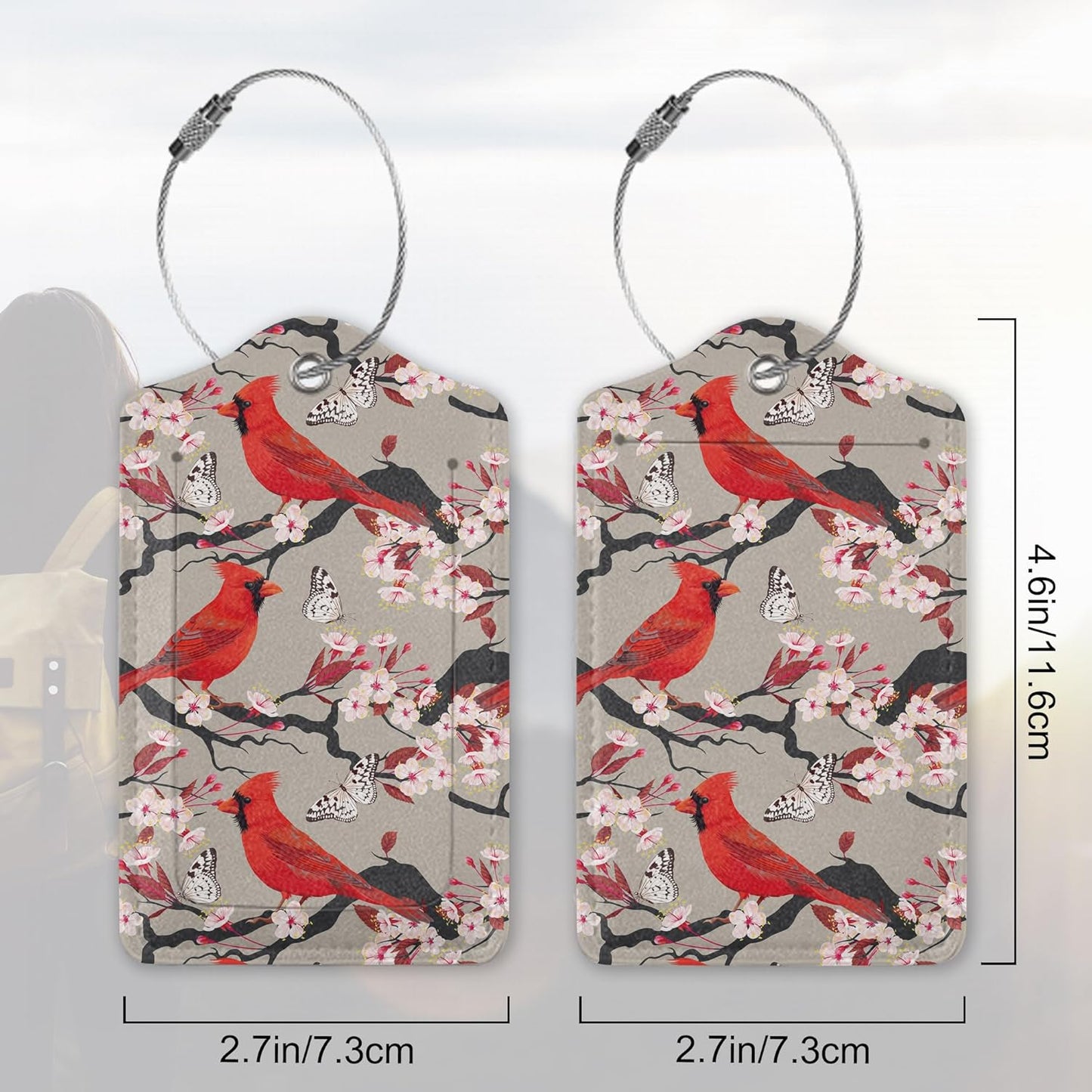 Red Cardinal Luggage Tags Set of 2 Leather Luggage Tags Privacy Cover Suitcase Label with Stainless Steel Loop for Women/Men Travel